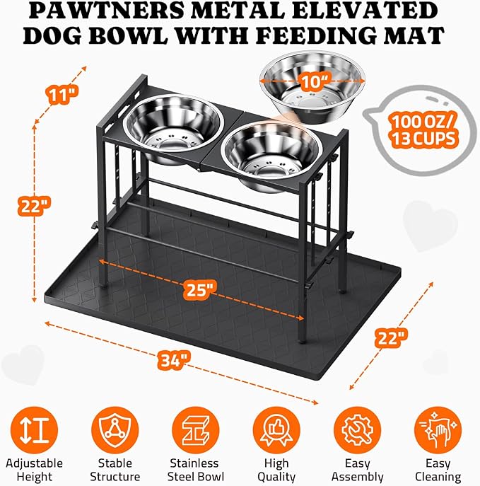 Raised Metal Dog Bowls - Large Breed, 3 Heights, Sturdy Stand for Extra Large Dogs, Black with Mat