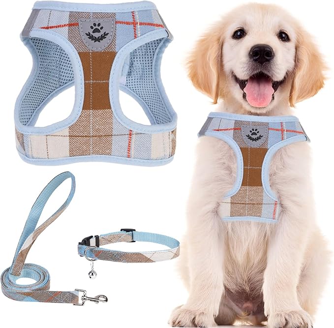 PUPTECK Adjustable Dog Harness Collar and Leash Set Step in No Pull Pet Harness for Small Medium Dogs Puppy and Cats Outdoor Walking Running, Soft Mesh Padded Reflective Vest Harnesses, BlueBrown XS