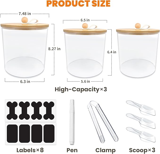 3 Pack Airtight Dog Food Storage Container, Dog Treat Container Dog Food Containers with Bamboo Lids 8x7''&6x5'',Pet Food Storage Container,Cat Food Container with Scoops,Clamp,Labels,Pen