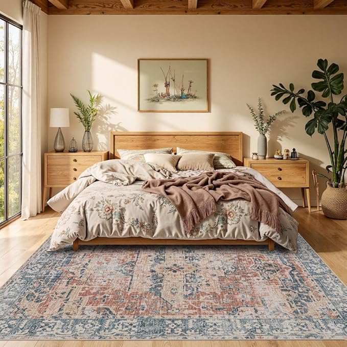 6x9 Area Rugs for Living Room Bedroom, Large Washable Rug, Coral Vintage Floral Boho Style, Non Slip & Low Pile Carpet for Indoor Dining Room, Dorm and Kids Room(Coral Blue 6x9ft)