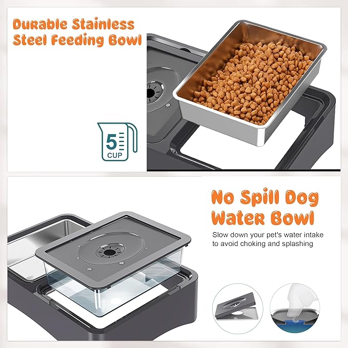 Decflow 2-in-1 Elevated Dog Bowls, 4 Height Adjustable Raised Dog Bowls with Stainless Steel & No Spill Water Bowl, DIY Stickers Foldable Pet Bowl for Medium Large Dogs(Not Included Slow Food Bowl)