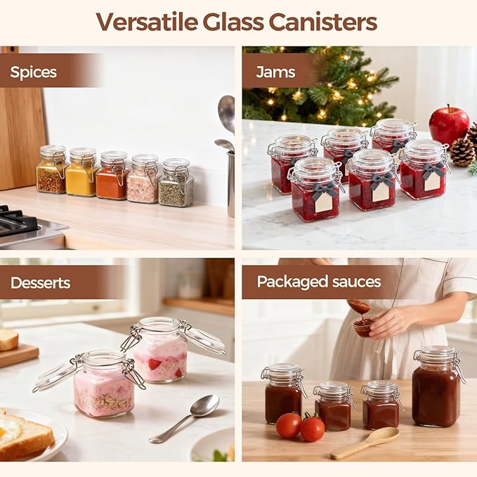 ComSaf 4 oz Glass Jars with Lid, Set of 12 Mini Airtight Glass Jars, Spice Jars, Small Mason Jar, Canning Jar Square with Seal Wire Clip Fastening, Labels & Funnels for Jam, Honey, Kitchen, Wedding