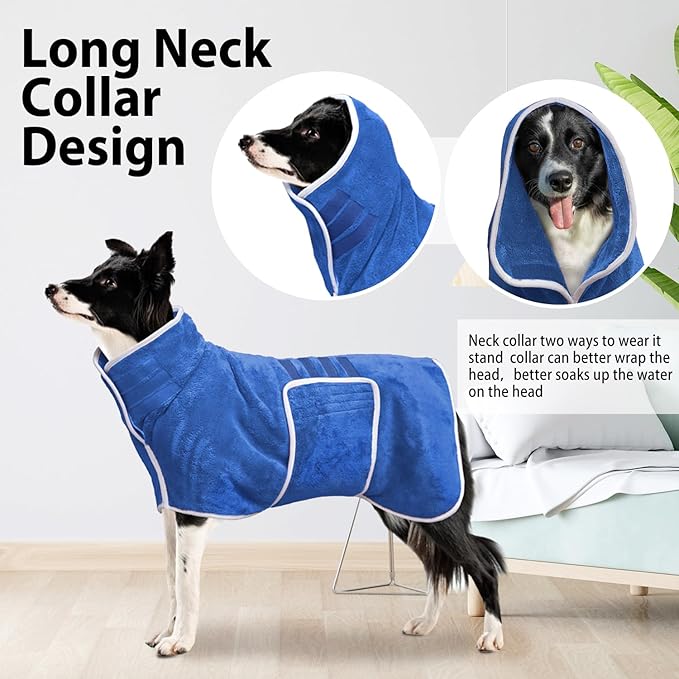 Dog Bathrobe Towel Dog Drying Coat - Super Absorbent Towels Bath Robe for Dogs Large, Soft Adjustable Collar & Belly Strap Fast Drying Coat Pet Cat Bath Robe (Medium Blue‌, Large)