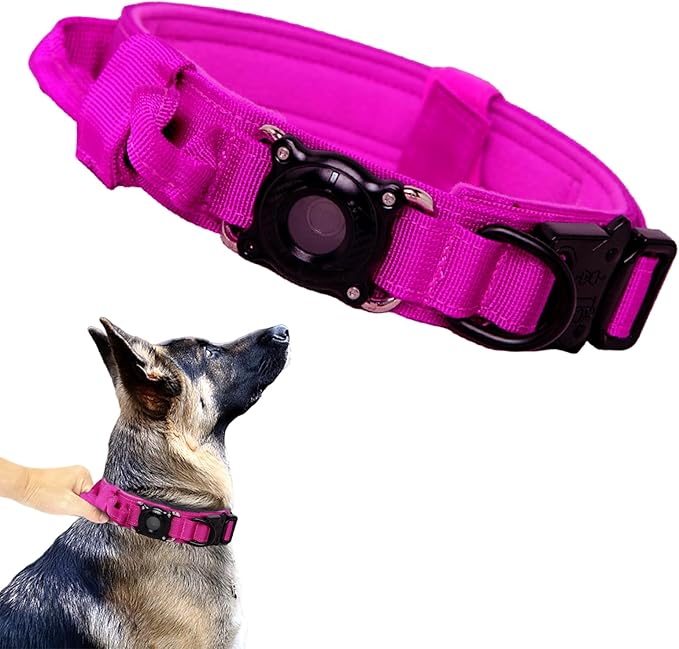 Xqpetlihai Upgraded AirTag Dog Collar Waterproof Tactical Dog Collar with AirTag Holder Heavy Duty Dog Collars for Large Dogs (Rose Red，XL