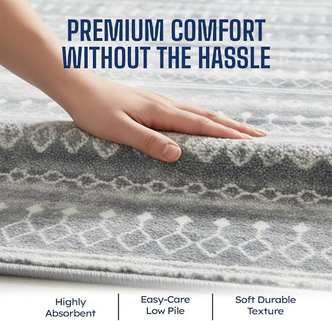 Muddy Mat짰 Greyline 2ft x 10ft Washable Area Rugs for Living Room, Bedroom & Dining Room ??Modern Soft Low Pile Non Slip Carpet ??Pet Friendly Waterproof Foldable Rugs for Home
