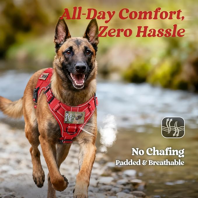 rabbitgoo Tactical Dog Harness Medium Large Sized, No Pull Upgraded Reflective Heavy Duty Molle Vest with Handle, Adjustable Military Service Dog Vest for Walking Hiking Training, Red, M