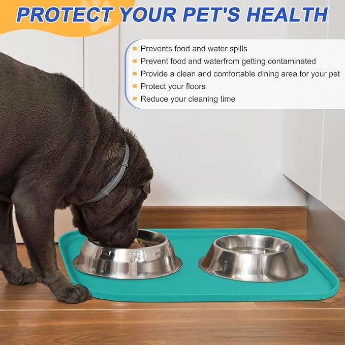Silicone Pet Feeding Mat with Raised Edge for Food and Water, Dog Bowl Mats, Cat Bowls Placemat with High Lip for Floor Waterproof, Rubber Tray for Cats and Dogs 22 x 14 x0.8 Dark Turquoise