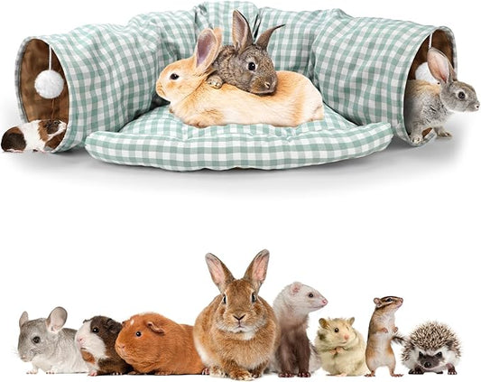 BWOGUE Bunny Tunnel Bed, 2-in-1 Collapsible Tunnel Tubes Toys with Removable Mat Hideout for Cats Kittens Rabbits Guinea Pigs Kitty (GreenPlaid)