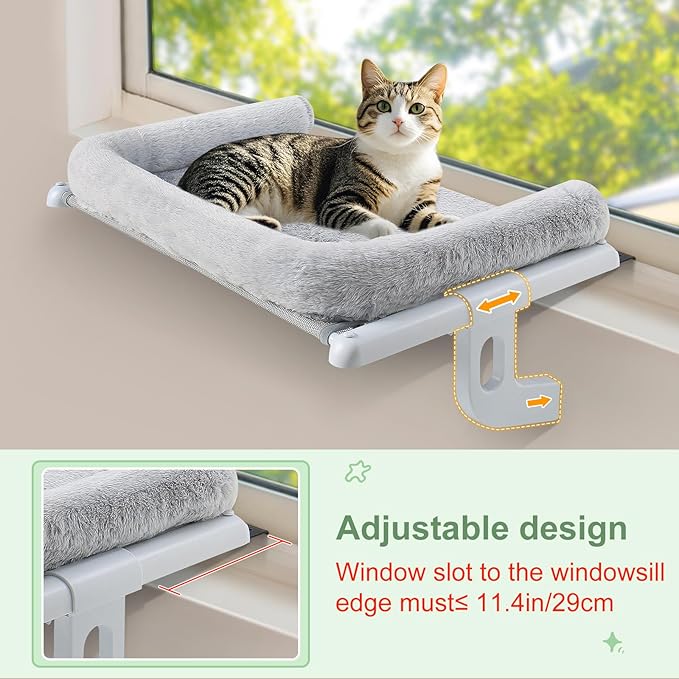 Sunhoo Cat Window Perch Hammock Sturdy Windowsill Bed Seat for Large Cats No Drilling No Suction Adjustable Kitty Shelf with Washable Cover Easy Assembly Holds up to 40 lbs 22.05 * 15 in (Grey, S)