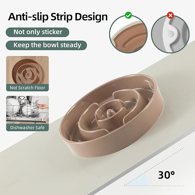 Ceramic Raised Slow Feeder Dog Bowl Set, Elevated 7.3inch Bowl and 8.2inch Puzzle Slow Dish with Wooden Stand for Medium and Large Dog, Anti-Gulping (2X Brown Coffee+ Stand)