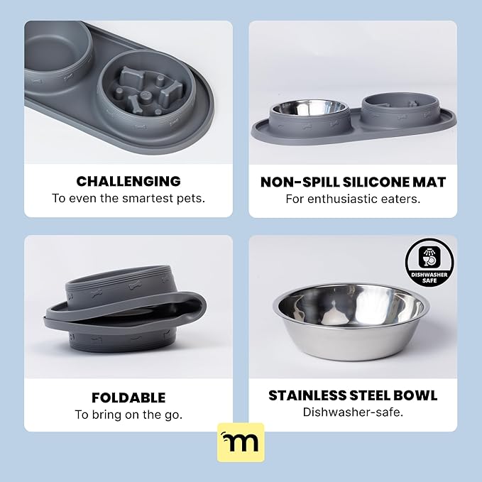 MalsiPree 2-in-1 Puppy Slow Feeder & Water Bowl Set - Essential Dog Gift for Small & Medium Pups - Silicone Feeding Mat & Stainless Steel Bowls, Travel-Ready Training Station for Fast Eaters - Gray