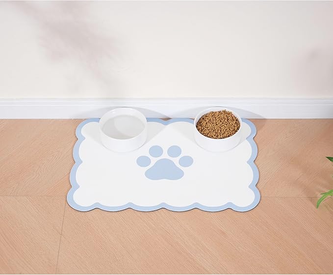 Ralxion Scalloped Dog Feeding Mat, Absorbent Mats for Dog Food and Water Bowl, Dispenser, Cute Elegant Aesthetic Water Blue Scallop Pet Placemat for Dogs, Cats, Puppy Accessories, 17" X 24”