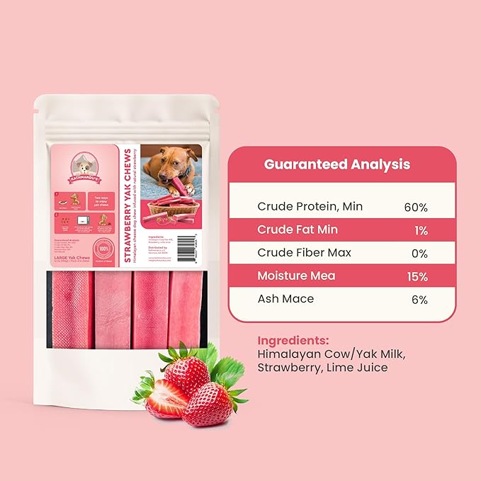 KATHMANDU'S 100% Natural Strawberry Flavored Yak Chews – Keep Dogs Busy & Happy with our Lactose&Rawhide Free Himalayan Dog Chews - Long Lasting Dental Treats for Aggressive Chewers (Large, Pack of 4)