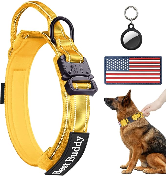 AUBELL Reflective Tactical Dog Collar,Adjustable Military Heavy Duty K9 Collars with Handle and Quick Release Metal Buckle Great for Medium Dogs, with Airtag Case and 2 Patches (Yellow,M)