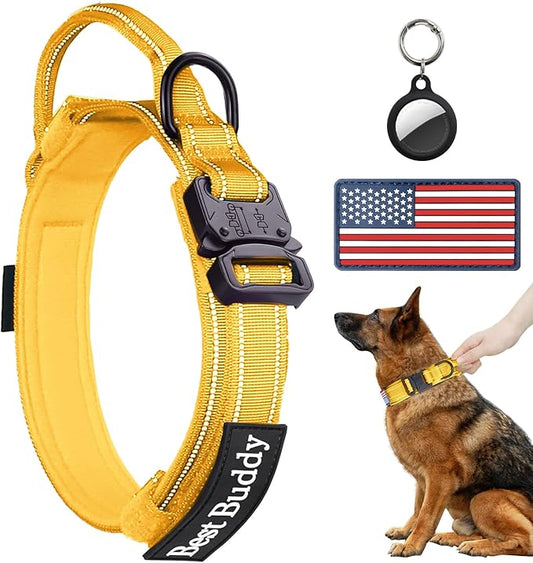 AUBELL Reflective Tactical Dog Collar,Adjustable Military Heavy Duty K9 Collars with Handle and Quick Release Metal Buckle Great for Large Dogs, with Airtag Case and 2 Patches (Yellow,L)
