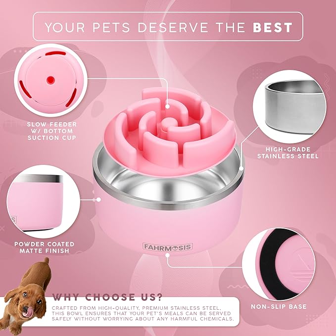 64 OZ Dog Bowl with Slow Feeder Insert Stainless Steel Pet Water Bowl for Medium & Large Breed Non Slip Rubber Base & Plastic Puzzle Feeder - Pink