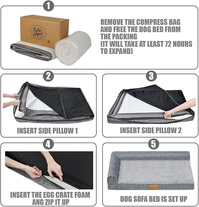 Patas Lague Orthopedic Jumbo Dog Bed for Extra Large Dogs 56''X40'', Waterproof L Bolster Pet Sofa Beds with Removable Washable Cover, Soft Comfortable Pet Couch Crate Mat with Nonskid Bottom, Purple