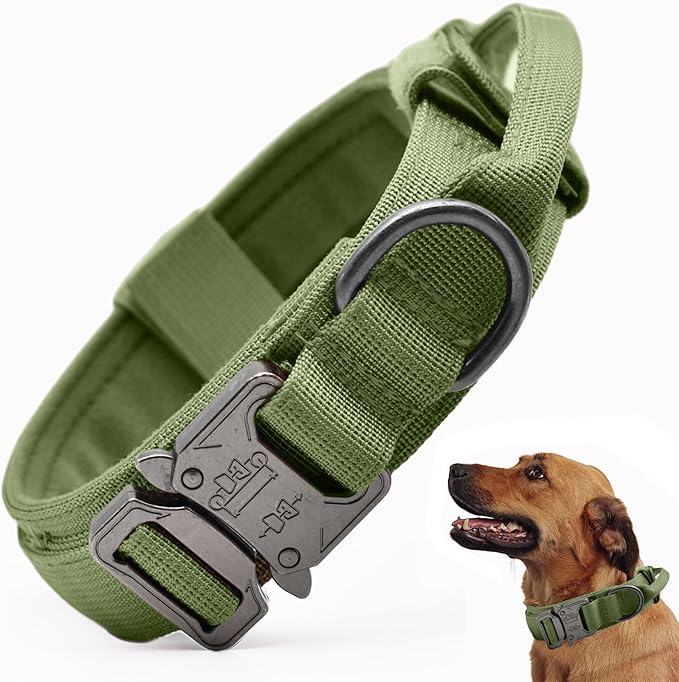 Tactical Dog Collar, Adjustable Military Training Nylon Dog Collar with Control Handle and Heavy Quick-Release Metal Buckle for Small Medium Large Dogs, Green L