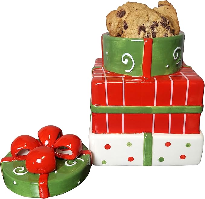Hanna's Handiworks Christmas Presents Cookie Jar - Merry Decor for Kitchen Storage and Decoration for Holiday Parties and Everyday Use - Perfect for Home, Office, Dorm, and School