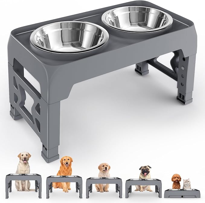 Elevated Dog Bowls for Medium Large Dogs - 5 Height Adjustable Mess Proof Raised Bowl Stand with 2 44oz Stainless Steel Food Bowls Dish Set Adjusts to 3.54’’-12.13’’ Non-Slip Grey