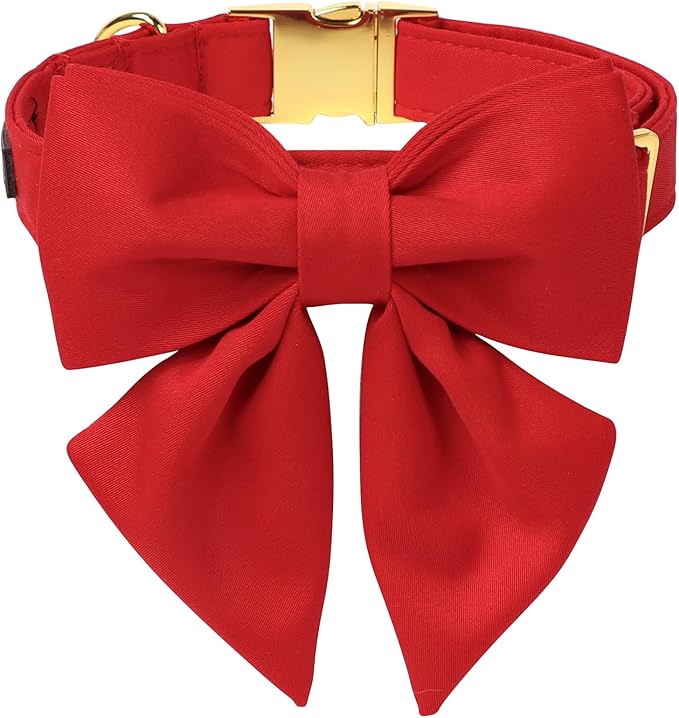 Maca Bates Red Dog Collar with Cute Solid Sailor Bow Tie for Large Girl Boy Dogs,Girly Adjustbale Durable Breakaway Soft Collars with Bowtie for Female Male Puppy,Pet with Metal Buckle