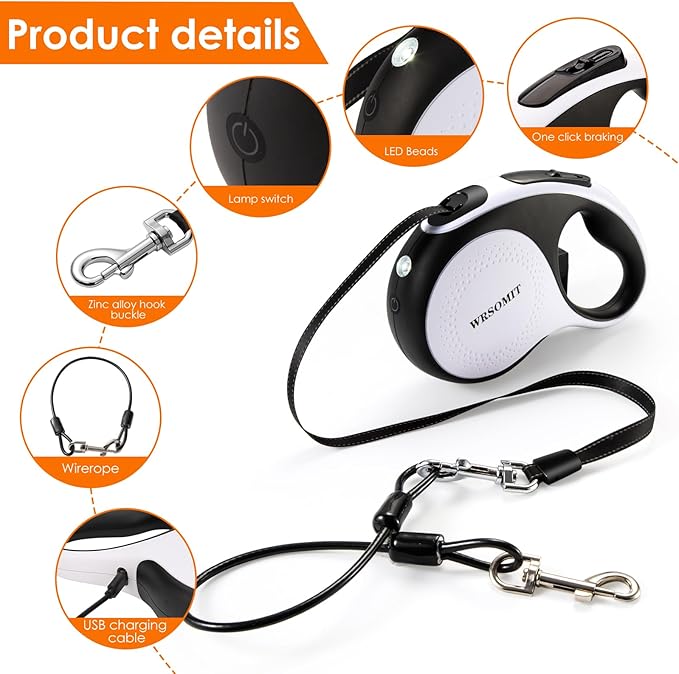 Retractable Dog Leash with Chew Proof Cable and LED Flashlight, 16Ft Heavy Duty Dog Leash for Medium Large Dogs up to 110lbs, 360째 No Tangle (White+16ft+LED)