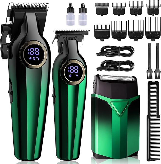 BILLAR® Hair Clippers for Men with Beard Trimmer, Professional Clippers & Beard Trimmers Set, Electric Razor Shavers for Men, Cordless Men’s Grooming Kit for Nose, Face, Hair (Green)
