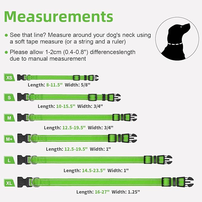 Reflective Dog Collar for Mediunm Dogs, Adjustable Collar with Soft Neoprene Padded, Durable Buckle for Daily Walking,Green,M, 1" Width