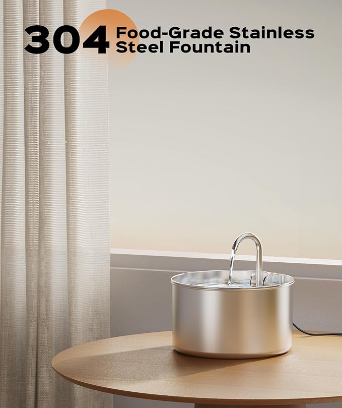 Cat Water Fountain Stainless Steel + 6 Filters + 3 Sponges - Pet Water Fountain 24/7 Keep The Water Fresh 74oz Capacity Ultra-Quiet No Sputter Compact Easy to Clean