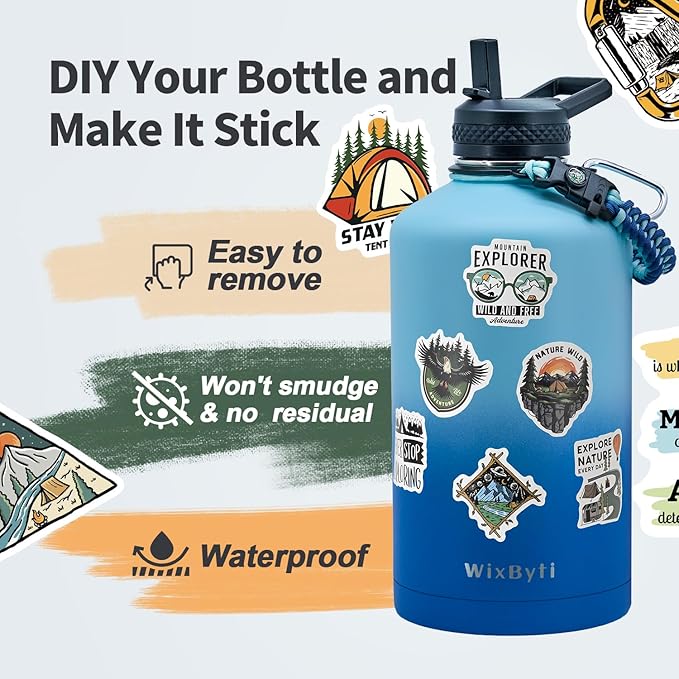One Gallon Water Bottle Insulated, Triple Wall Vacuum Cold for 48 Hrs & Leak-proof & Non-BPA, 128oz Large Sports Stainless Steel Water Jug with Paracord Handle Straw Spout Lids & DIY Stickers