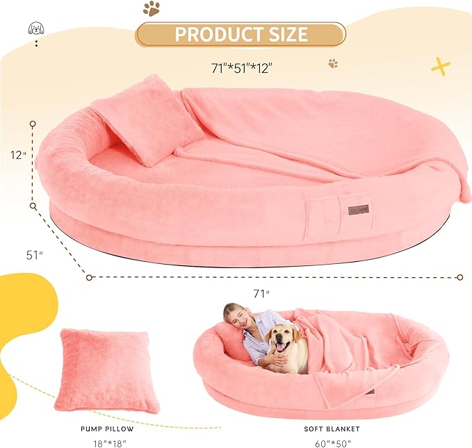 Human Dog Bed for Adults with Blanket and Pillow, 71"x51"x12" Washable Orthopedic Size, Faux Fur Removable, Cozy Large Present, Pink