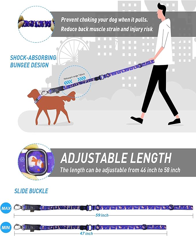 Hotsky Tactical Dog Leash Heavy Duty for Medium Large Dogs That Pull,4-6Ft Strong Bungee Shock Absorbing No Pull Dog Leash with Padded Double Handle and Car Seatbelt,Snow man