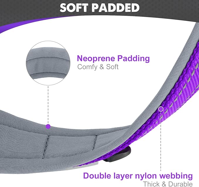 Joytale Dog Collar for Large Dogs, Neoprene Padded and Adjustable, Reflective Wide Heavy Duty Pet Collars with Durable Metal Belt Buckle for Walking, Purple, L