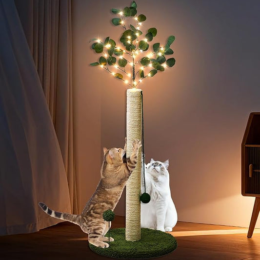 Cat Scratching Post with Lights & Hanging Ball Toys Tall Sisal Rope Scratcher Tree Climbing Scratch Tower for Indoor Cats Adult Kitten