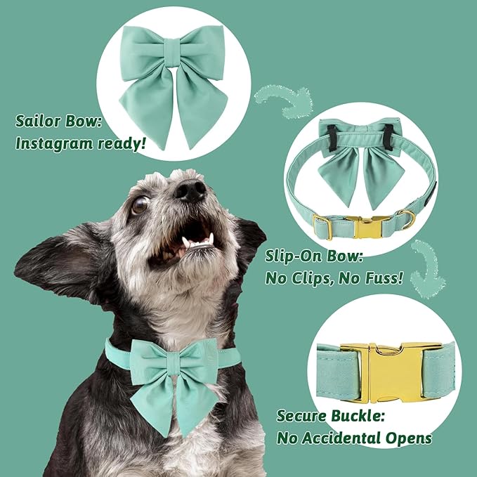 Maca Bates Mint Green Dog Collar with Cute Solid Sailor Bow Tie for Extra Small Girl Boy Dogs,Adjustbale Durable Breakaway Soft Collars with Bowtie for Female Male Puppy,Pet with Metal Buckle
