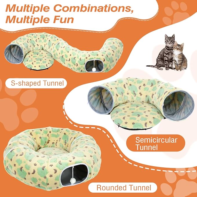 Cat Tunnels for Indoor Cats, 35'' Plush Cat Tunnel Bed with Playful Ball and Circle Cushion, Multifunctional Peekaboo Cat Cave, Interactive Toy Gift for Cats, Kittens, Rabbits, Yellow&Cloud