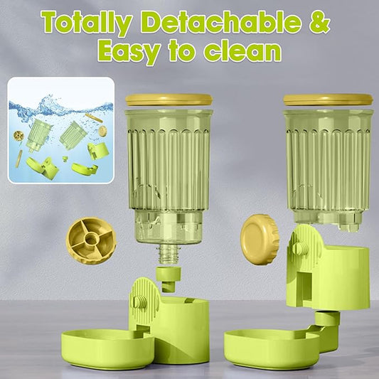 Hanging Small Pet Feeder and Water Dispenser, 1L Auto Cat Food Bowl and 0.8L Water Bottle Dispenser, Auto Gravity Pet Feeder and Waterer Set for Puppy, Kitten, Rabbit and Small Pets (Green)