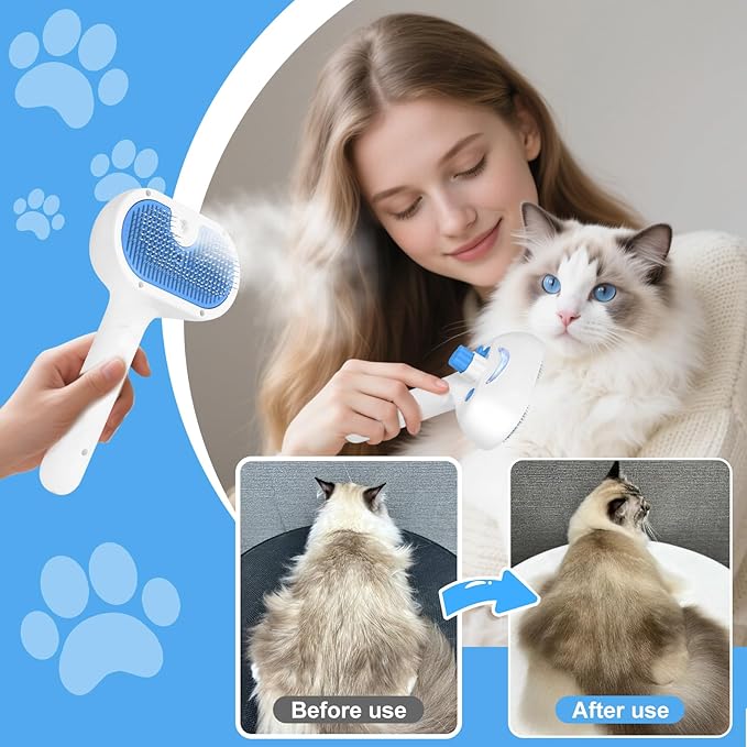 Pet Steam Brush for Dog & Cat - 3-in-1 Steam Grooming Slicker Brush & Undercoat Rake for Shedding - Self Cleaning Spray Comb with Mist for Long & Short Haired Pets - Includes Waterless Shampoo, Blue