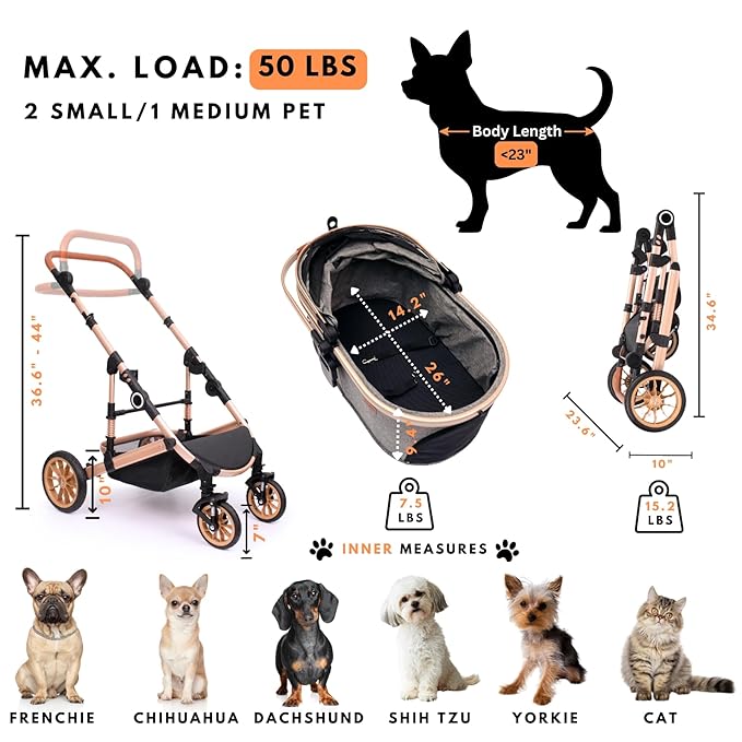 Pet Stroller for Medium Dogs, Smooth-Ride Dog Stroller with Detachable Carrier, Rubber Wheels, Car Seat Combo 3-in-1, Up to 50 lbs, for Senior Dogs & Cats, Grey