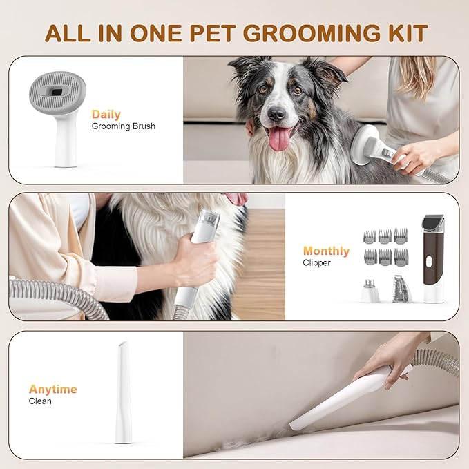 Dog Grooming Vacuum, Dog Grooming Kit with Pet Clipper Nail Grinder, 6 Pet Grooming Tools (Mushroom)