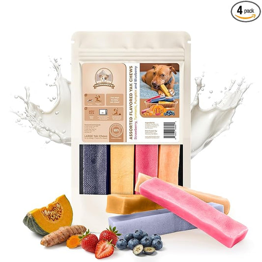 KATHMANDU'S 100% Natural Flavored Yak Chews – Keep Dogs Busy & Happy with Our Lactose & Rawhide Free Himalayan Dog Chews - Long Lasting Dental Treats for Aggressive Chewers (Large, Pack of 4)