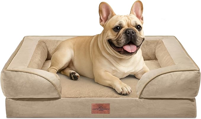 Comfort Expression Orthopedic Dog Bed for Medium Dogs 30x20 Inch, Waterproof Egg Crate Foam Medium Pet Bed with Removable Bolsters, Dog Couch with Washable Cover & Non-Slip Bottom, Light Brown