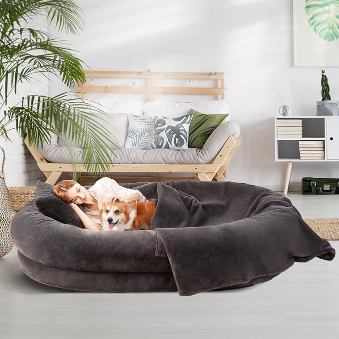 Human Dog Bed for Adult Kids, 70"x33"x12" Washable Faux Fur Human Size Dog Bed for People Doze Off, Dark Grey