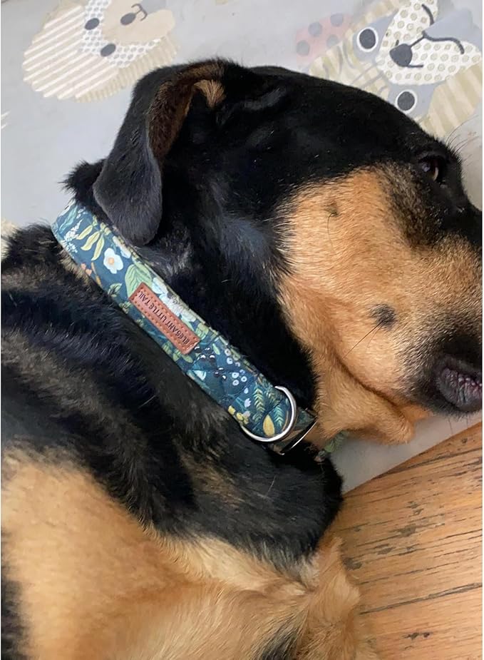 Elegant little tail Dog Collar, Floral Pet Collar Durable Darkblue Flower Dog Collars Male or Female Holiday Pet Gift Adjustable Dog Collar for Medium Dogs