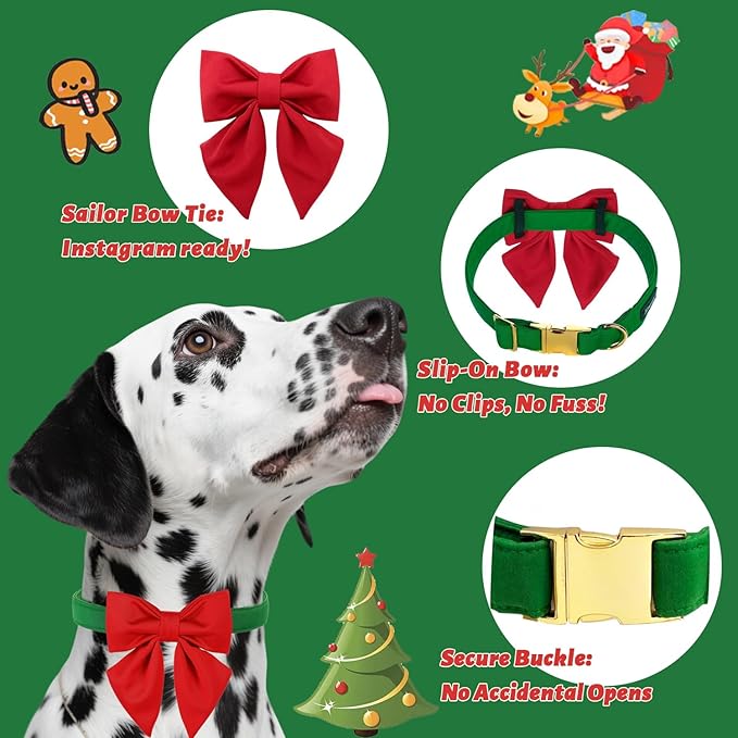 Maca Bates Christmas Grass Green Dog Collar with Cute Solid Sailor Bow Tie for Extra Small Girl Boy Dogs,Adjustbale Durable Breakaway Soft Collars with Bowtie for Female Male Puppy,Pet