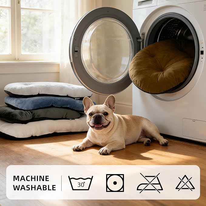 Durable & Washable Dog Bed for Small Medium Dogs & Cats, Plush Faux Silver Fox Fur Oval Bed with Non-Slip Bottom & Supportive Pad, 29”x18” Brown