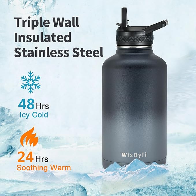 64 oz Insulated Water Bottle with Straw (Cold for 48 Hrs), Half Gallon Stainless Steel Triple Wall Vacuum Sports Water Jug, Leakproof Hydro Cup Flask with Straw Spout Lids & DIY Stickers