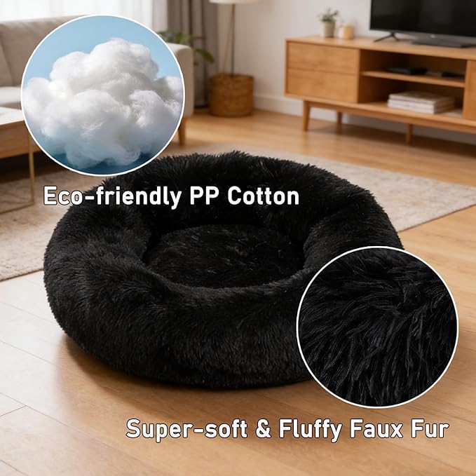 Calming Donut Dog Beds for Small Dogs Kitten - Washable Removable Cover Non-Slip Bottom, Round Pet Bed Puppy Bed Warming Fluffy Faux Fur Anti-Anxiety, Fits up to 15 lbs (Black, 20")