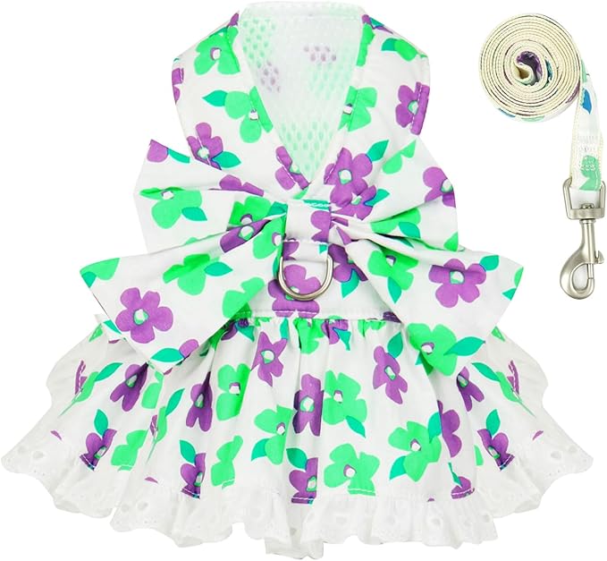 Dog Harness Dress Leash Set for Small Dog Summer Clothes Girl Female Puppy Cats Outfits Cute Floral Bowknot Princess Birthday Dress for Extra Small Pet Doggie Kitten Outfits Apparel(Green,S)