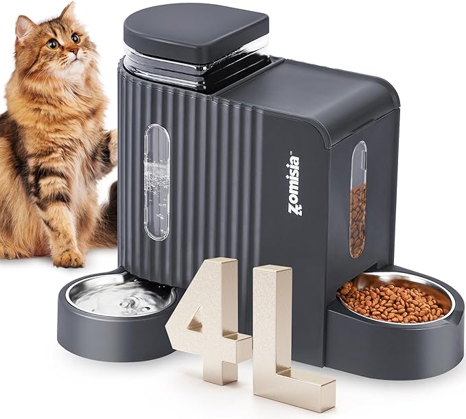 Gravity Cat Food and Water Dispenser Set with 304 Stainless Steel Bowls, 2 in 1 Automatic Cat Feeder with 180 Degree Rotatable Water Bowl, Large Capacity for Puppy Kitten Rabbits, Grey